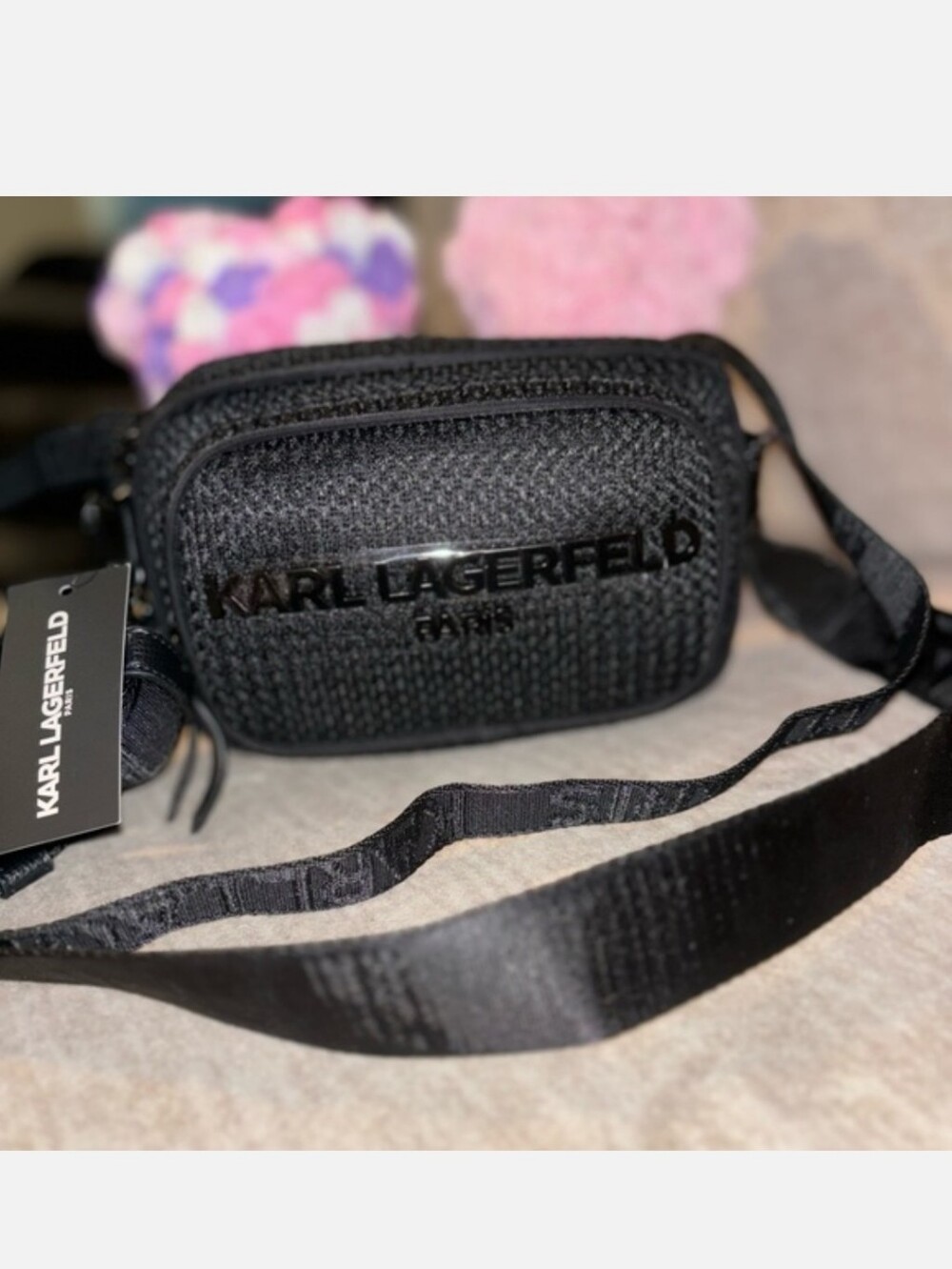Karl Lagerfeld Black Woven Belt Bag with Logo Detail
